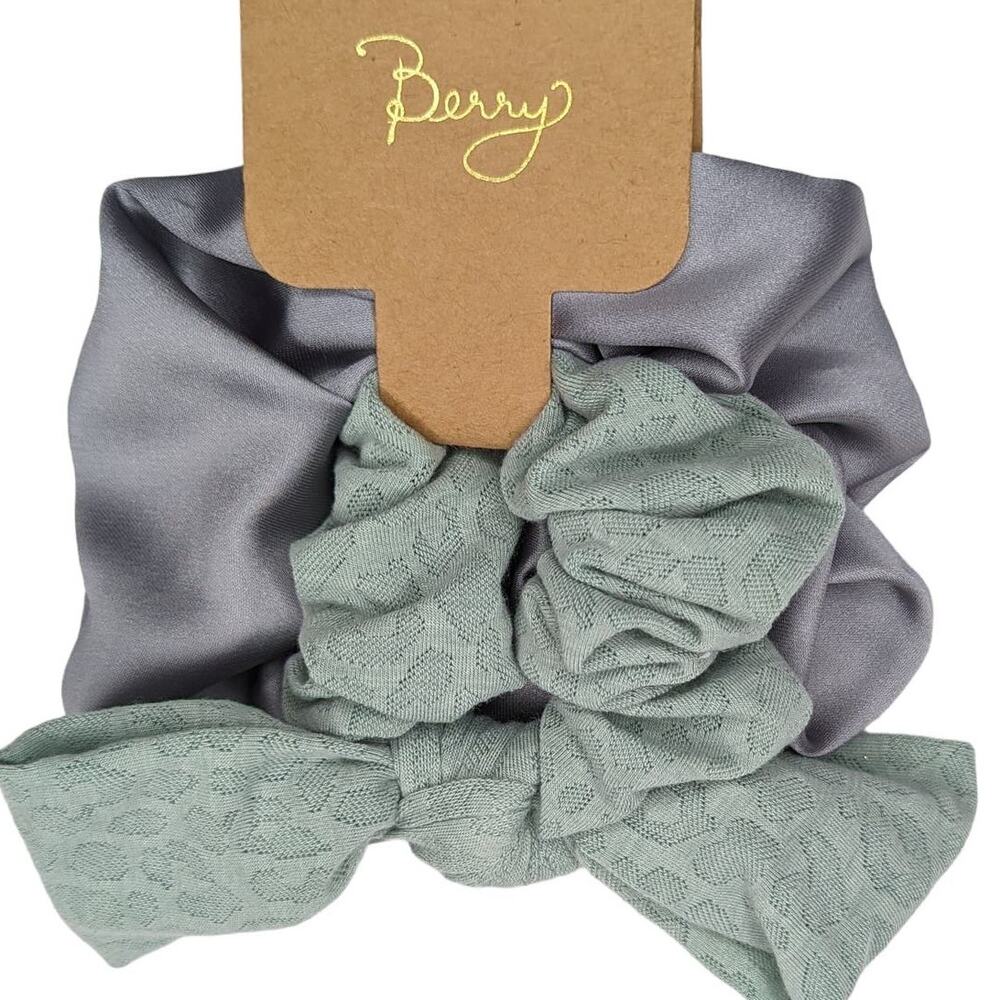 Hair Scrunchie Set Green Blue Bow Ponytail by Berry